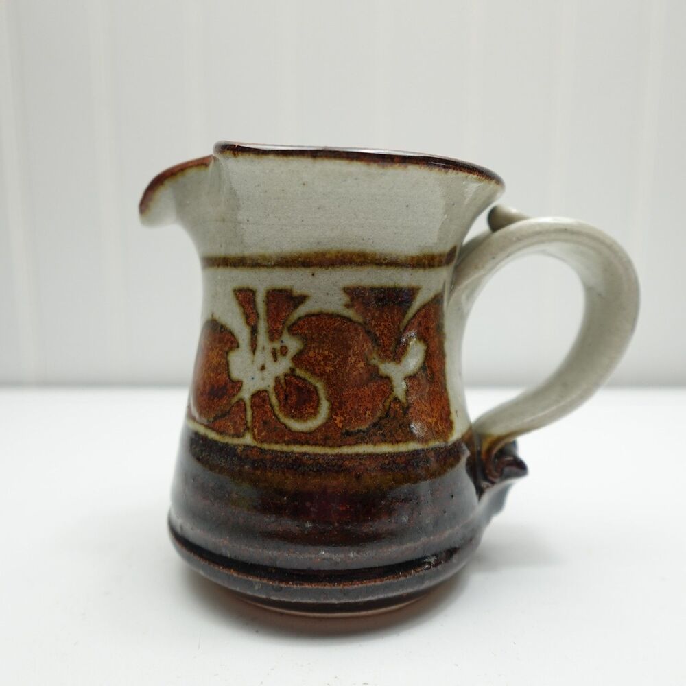 Vintage Handmade Studio Art Pottery Small Pitcher Creamer Vase Brown Floral
